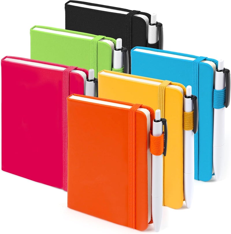 Feela Pocket Mini Notebooks Bulk, Small Cute Memo Notepads Hardcover College Ruled Lined Journals with Pen Holder for School Business Work, with 6 Black Pens, 3.5”x 5.5”, 6 Pack, A6, Solid Colors - Image 1